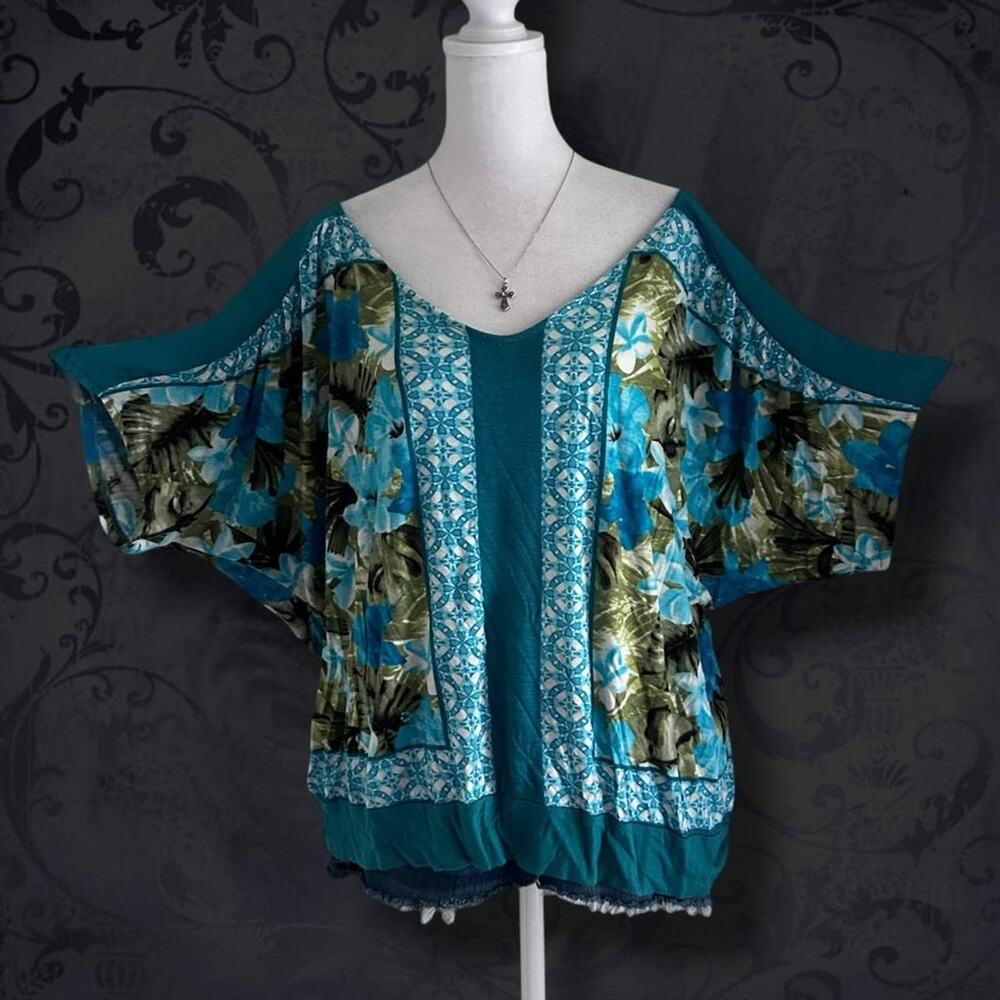 batwing vivid teal blue tropical floral print dolman blouse